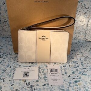 Coach Cream/Chalk Signature Zip Wristlet with Gold Hardware
